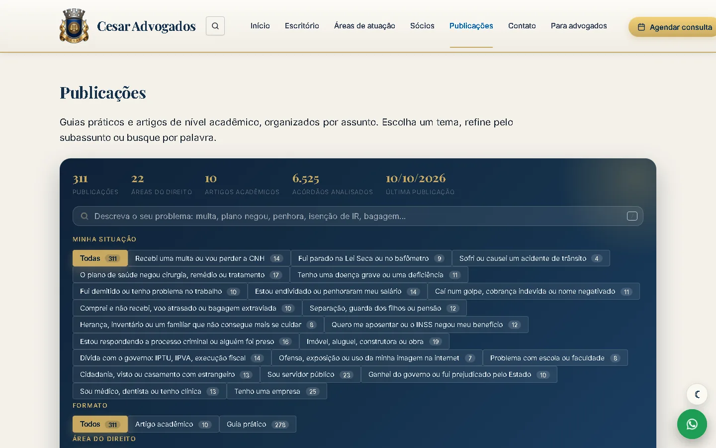 Página de publicações da Cesar Advogados, com 311 publicações e filtros por assunto